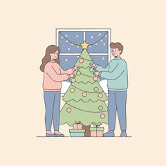 Couple Decorating Christmas Tree at Home in Cozy Winter Evening