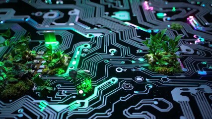 A futuristic eco-friendly circuit board intertwined with lush green moss and plants, glowing neon lights, concept of green technology - Powered by Adobe