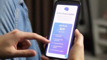 In slow motion, a persons finger thoughtfully traces the terms and pricing of an AI service subscription on their smartphone. This shot captures the meticulous consideration behind adopting cutting