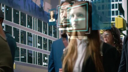 Diverse crowd walking on street tracked by biometric scanning software with facial bounding boxes. People analysis digital VFX HUDs displaying personal identity data, concept of mass surveillance - Powered by Adobe
