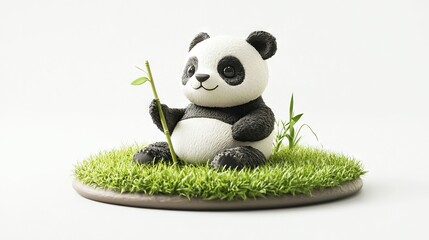 Panda Figurine Holding Bamboo Shoot on Green Moss Mat