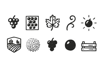 Obraz premium Wine and vineyard outline icon set. Grapes, vine, and winery symbols collection