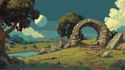Serene Landscape Stone Archway Vector Illustration with Outline Isolated