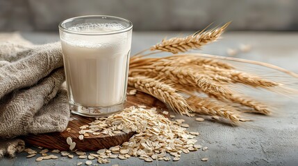 Glass of oat milk on wooden board with oats and wheat stalks nearby