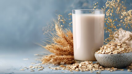Oat milk in glass with oats and wheat on rustic blue background