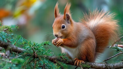 Adorable red squirrel eating a nut on a tree branch in forest