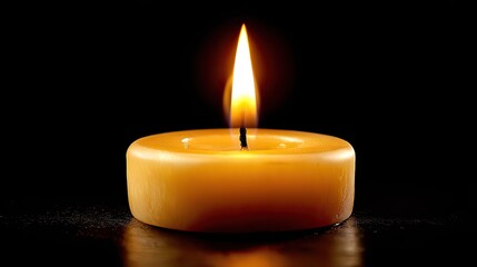 A solitary candle burns brightly, its flame casting a warm glow against a dark, reflective background
