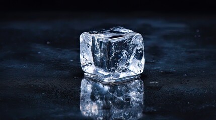 A single ice cube reflecting on a dark, wet surface with a subtle blue background