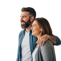 Naklejka premium Happy couple embracing and looking to the side isolated on transparent background