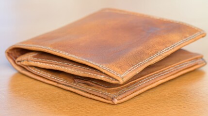 Close up of a brown leather wallet on a wooden surface