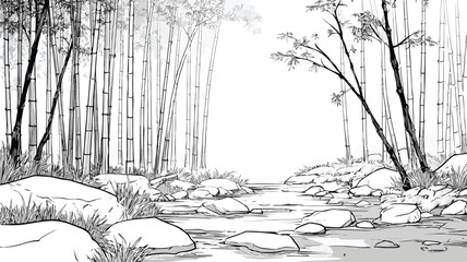 Tranquil Bamboo Forest and Serene Streams Vector Illustration