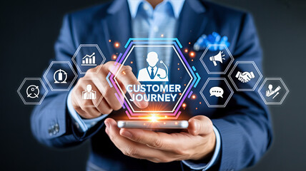 Man holding phone displaying customer journey map
