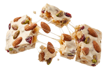Nougat bar broken apart, revealing sticky nougat pulling between pieces.