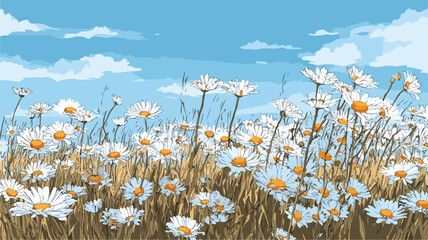 Bright Daisy Field Beneath Clear Sky - Vector Illustration