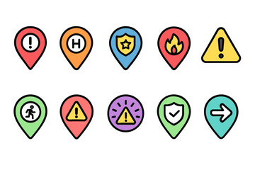 Map, navigation flat icon set. Location, direction, warning symbols collection