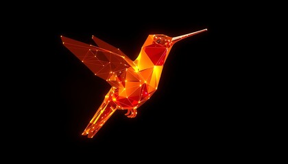 Naklejka premium Orange wireframe hummingbird with illuminated vertices on black polygonal geometric