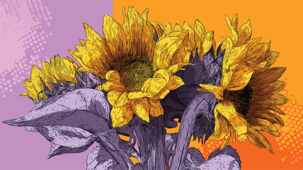 Bright Sunflower Bouquet on Colorful Background for Graphic Design Projects