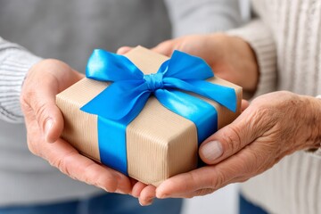 Elderly hands receiving a gift with a blue ribbon