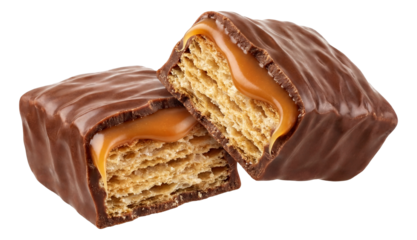 Wafer bar divided, layers of chocolate and wafer visible with caramel draping.