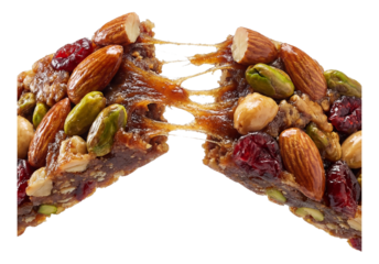 Fruit and nut bar cracked, sticky fruit fibers and nuts linking the halves.