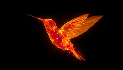 Naklejka premium Red polygonal hummingbird with glowing points on dark background geometric low poly