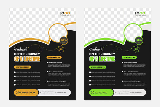 Modern a4 orange and green hajj and umrah travel flyer template for Islamic pilgrimage tour, religious travel agency promotion, clean professional&nbsp;poster&nbsp;design