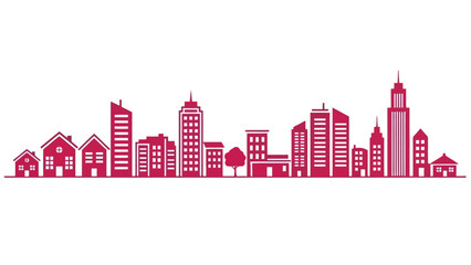 Obraz premium Modern Cityscape Silhouette with Diverse Buildings and Tree, Pink Vector Illustration