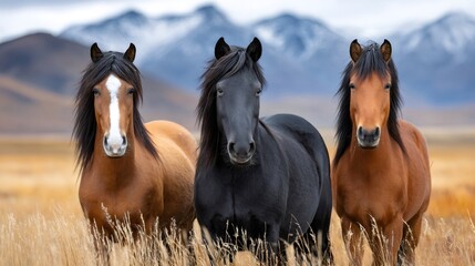 Obraz premium Three wild horses standing in a field with mountains