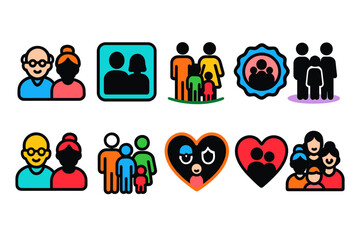 Family and community flat icon set. Colorful social icons for connection and care.