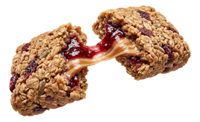 Berry bar torn, fruit puree and nougat connecting the two pieces.