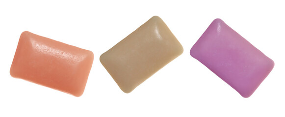 Set colorful chewing gum flying, isolated on white background, clipping path, macro