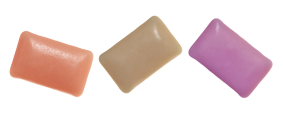 Set colorful chewing gum flying, isolated on white background, clipping path, macro