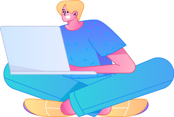 Vector flat gradient illustration of a person working on a computer while working remotely.

