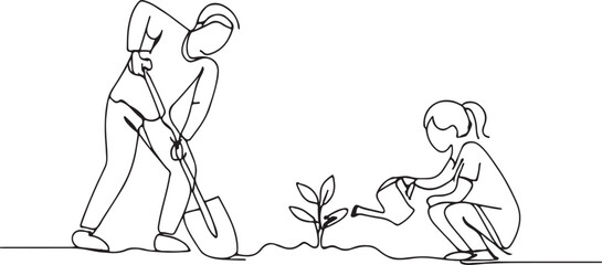  One single line drawing young father digging ground using shovel and daughter watering a plant at home garden vector illustration
