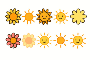 Sunshine and flower flat icon set. Cheerful sun and bloom icons flat collection