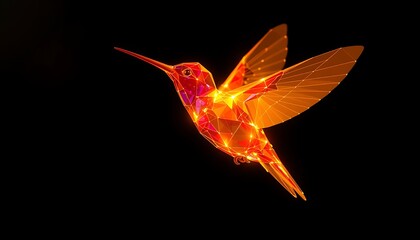Naklejka premium Fiery Orange Geometric Hummingbird with Wings Spread on Black Background polygon low poly