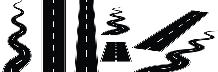 Minimalist black and white vector art of straight and curvy abstract road elements isolated on white background with multiple angles and shapes design