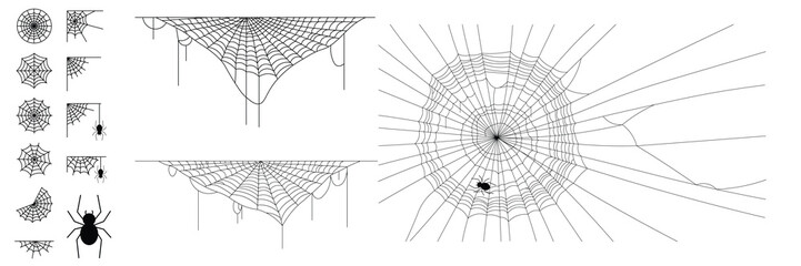 Detailed flat design spider web collection with various shapes and angles including orb web, corner web with spider on strands and isolated spider icons in black and white vector style