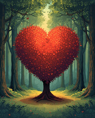 heart shaped tree, heart tree, love tree, romantic tree, heart foliage, red heart leaves, forest tree, love concept, romantic illustration, digital art, whimsical tree, dreamy tree, fantasy tree, 