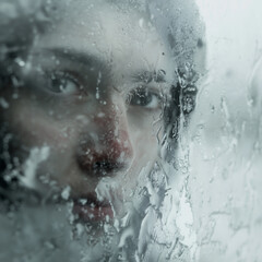 Fototapeta premium Mysterious Woman's Face Through Rain-Streaked Window, Moody Atmosphere, Introspective, Melancholy, Abstract Portrait, Weathered Glass, Emotional Expression