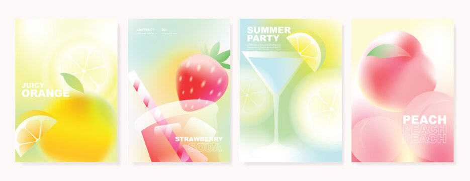 Abstract colorful gradient fruit card background set. Minimalist poster with lemon. Modern summer and spring wallpaper design for drink menu, promotion, beverages, ads.
