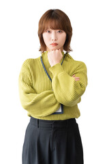 考えごとをする女性・ビジネスウーマン（背景透過PNG）