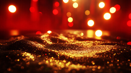 Red Glitter Background with Sparkling Bokeh Lights and Shimmering Particles. Luxury Red Glitter Abstract Background with Shiny Bokeh, Sparkles and Festive Light Effects. shining red glitter