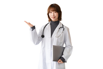 ノートパソコンを持つ笑顔の女性医療スタッフ（背景透過PNG）