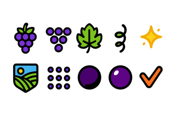 Obraz premium Grape and vineyard flat icon set. Wine, agriculture, nature icons collection.
