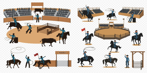 Rodeo competition with cowboys, horses, bulls, and arena elements set in flat style. © ArtLuna Studio
