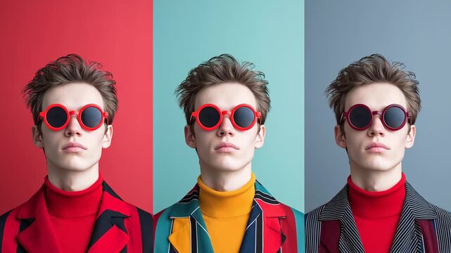 Trendy fashion trio: young man in bold outfits and round sunglasses against colorful backgrounds