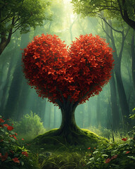 heart tree, tree with heart shaped leaves, love tree, romantic tree, heart shaped foliage, red heart tree, valentine tree, romantic illustration, digital tree art, love concept, heart symbol, romantic