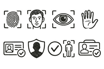 Biometric security outline icon set. Fingerprint, face id, eye, and access control icons