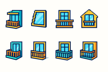 Fototapeta premium Window and balcony flat icon set. Outdoor views, architecture, building design collection.